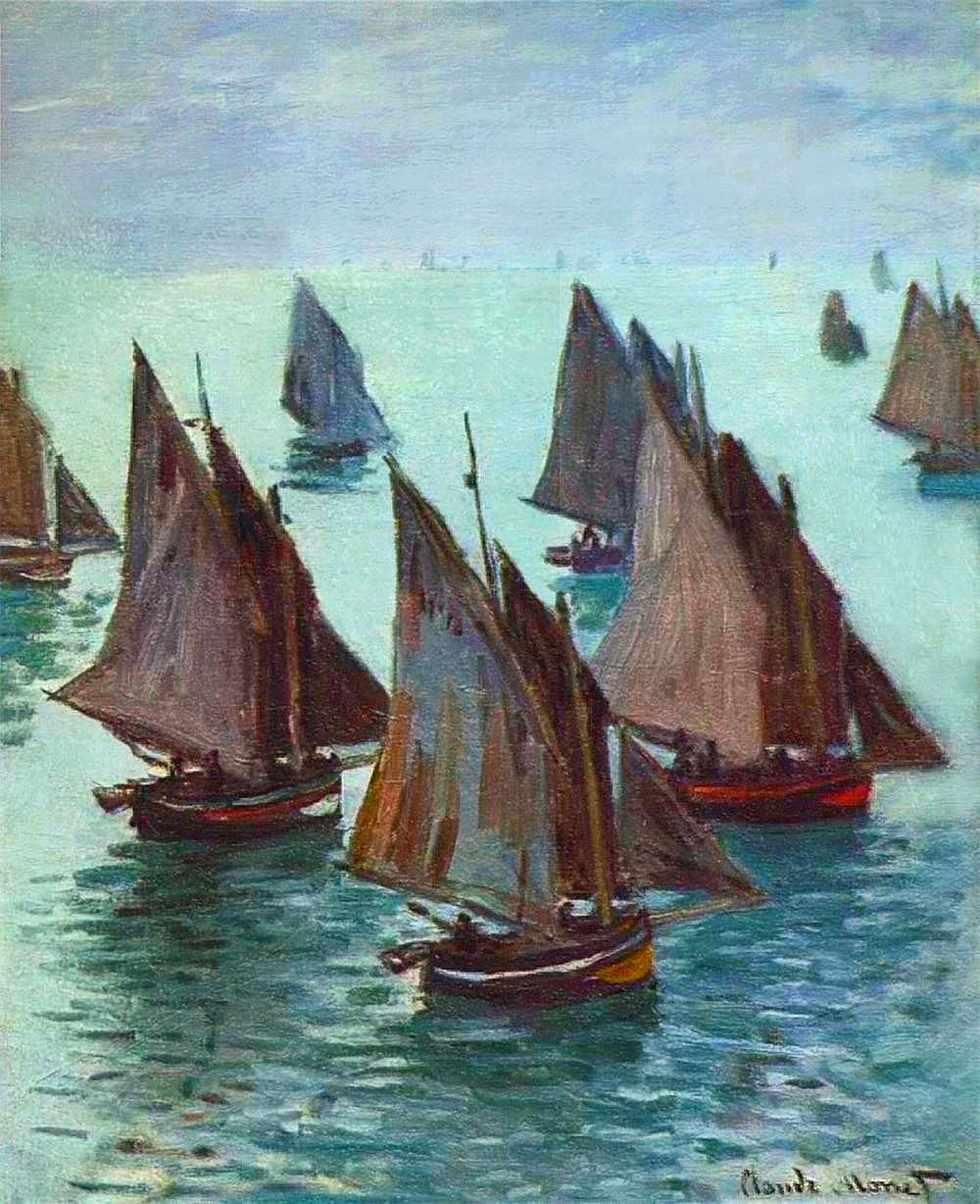 Клод Моне картина Рыбацкие лодки, спокойное море. 1868г